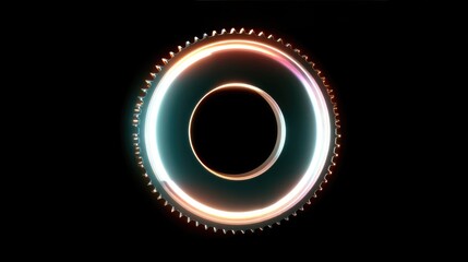 Glowing digital gear ring shape with inner circle, glowing neon rim on black background