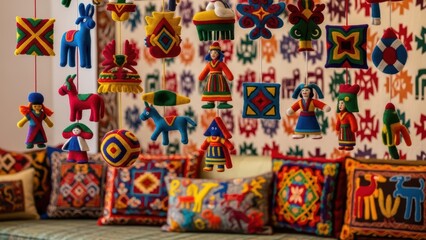 Fototapeta premium Colorful textile art with traditional patterns and felt ornaments