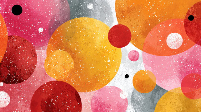 A vibrant abstract composition of multicolored circles of varying sizes, executed in warm shades of orange, red, pink, and yellow, with gray elements for contrast. - Powered by Adobe