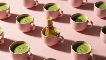 Matcha tea cups and whisk on pink background