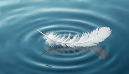 Obraz premium Single white feather floats on calm blue water creating gentle ripples. Reflection visible below on smooth liquid surface. Delicate plume rests on tranquil water in peaceful natural setting.