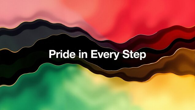 Pride in Every Step text on an abstract background with Pan-African colors. Black History Month and Juneteenth celebration banner with wavy red, black, and green layers.