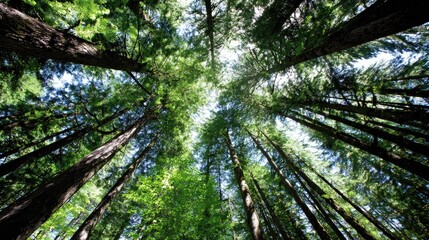 Obraz premium Tall trees reach skyward from a forest floor, bathed in light.