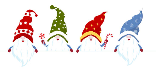 Obraz na płótnie Canvas Horizontal festive banner with a group of holiday gnomes and playful elves peeking around a large blank sign. Perfect for greeting cards, New Year messages and childrens holiday designs.