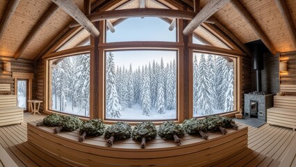 Cozy rustic log cabin sauna with panoramic winter forest view and wooden interior design