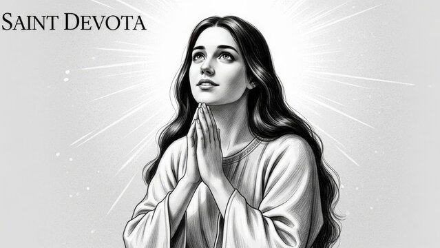 Saint Devota, a devout young woman, offers silent prayer with hands clasped. A radiant glow emanates, signifying spiritual devotion and divine grace on this sacred day.