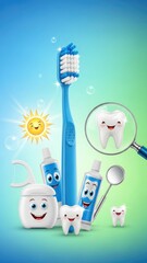 Cute healthy teeth with happy faces near toothbrush toothpaste dental floss magnifying glass and sun on colorful background promoting dental hygiene and oral care.