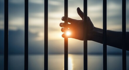 A human hand tightly gripping dark prison bars, golden sunrise light piercing through the space, representing hope for liberty, justice, and release from bondage.