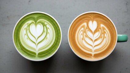 Matcha and coffee lattes with latte art