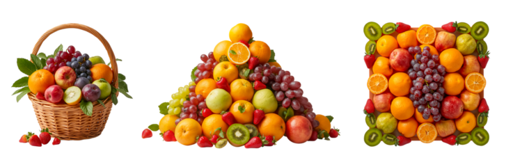 Ripe berries and various fruits isolated on transparent background