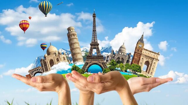 Hands Holding World Famous Landmarks with Hot Air Balloons