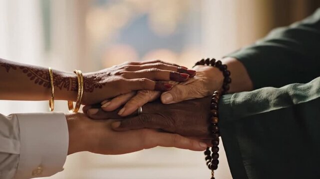 Interfaith Handshake in Soft Light with Cinematic Detail and Creamy Bokeh