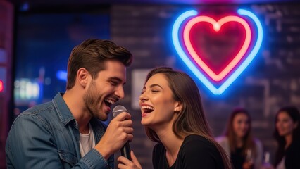 Young caucasian couple singing karaoke in romantic neon heart bar setting
