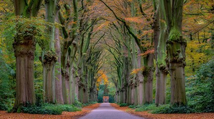 Tree-lined avenue in autumn with leaves falling onto a road.