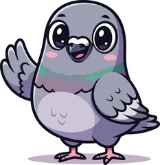 Obraz premium Friendly Cartoon Pigeon Waving Hello with a Cheerful Expression, Adorable Vector Illustration of a Bird