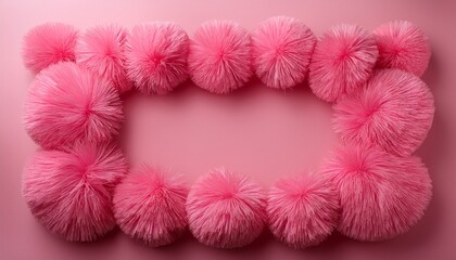 abstract frame from pink plush balls pompoms on pink background