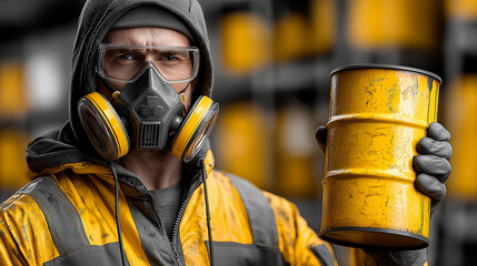 A worker in a protective mask and yellow jacket holds a yellow barrel, showcasing safety in hazardous environments within an industrial setting.