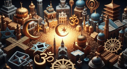 Diverse spiritual symbols glowing with sacred light, representing world religions uniting in peace and universal harmony, celebrating faith traditions globally.
