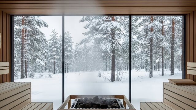 Scenic winter forest view from modern sauna with large glass windows - Powered by Adobe