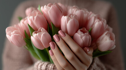 A close-up of elegant hands holding a lush bouquet of soft pink tulips, complemented by perfectly manicured nails and a cozy knit background.