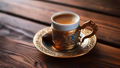 turkish coffee served in ornate cup with golden details on wooden table authentic atmosphere