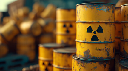 Close-up of weathered yellow barrels marked with radiation symbols, stacked in an industrial setting, highlighting concerns about hazardous materials.