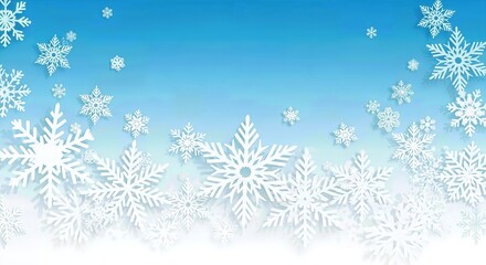 Elegant white winter snowflakes descending, creating a pristine cut paper design on a serene gradient sky, reflecting a festive holiday season, beautiful frosty atmosphere.