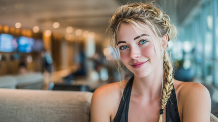 A young woman with blue eyes and a bright smile poses in a modern, softly-lit lounge environment, exuding warmth and approachability.