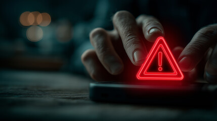 A hand poised to tap a glowing red alert symbol on a smartphone, set against a dark background, symbolizing urgency or warnings in technology.