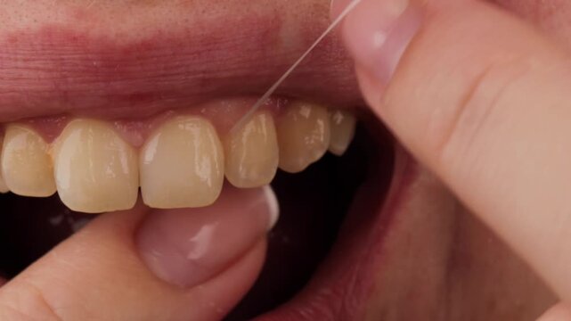 Close-up shows a person threading dental floss between upper teeth highlighting oral hygiene and effective cleaning technique