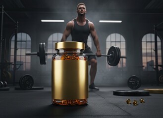 Fototapeta premium Gold supplement jar on a gym floor with a man lifting weights in the background