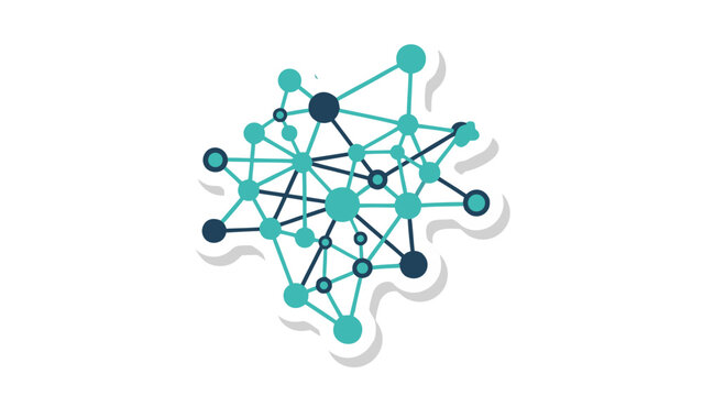 Abstract network of interconnected teal and dark blue spheres and lines forming a complex structure on a black background with white stylized cloud shapes underneath suggesting digital data flow