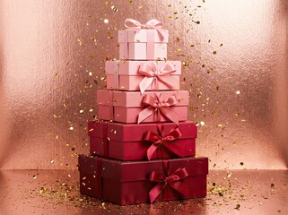 Stacked gradient gift boxes with falling confetti