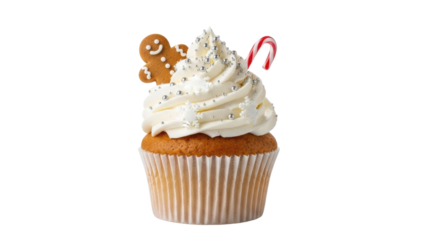 Cupcake with frosting, gingerbread man, and candy cane on a white background for dessert display. Isolated on transparent background, png