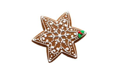 Gingerbread cookie shaped like a star with icing decorations and small candy details for holiday celebrations. Isolated on transparent background, png