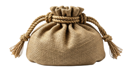 Small sack made of burlap fabric sits on a white surface with tied ends and a gathered top. Isolated on transparent background, png