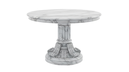 Round marble table with ornate base designed for dining or decoration in any setting. Isolated on transparent background, png