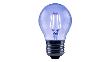 Vintage light bulb with blue tint showing filament design and metal base in a clean setting. Isolated on transparent background, png
