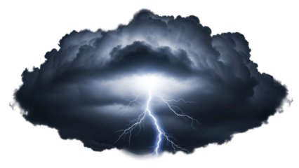 Dark clouds gather as lightning strikes during a stormy night in the city. Isolated on transparent background, png