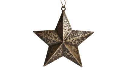 Metal star decoration hanging on a string in a simple setting with natural light. Isolated on transparent background, png