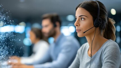 A young woman with a headset works in a bright office, focusing on delivering excellent customer service. The digital network overlay highlights innovation and connectivity in customer support - Powered by Adobe