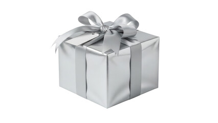 Obraz premium Silver gift box with ribbon and tag on white background for celebrations and special occasions. Isolated on transparent background, png