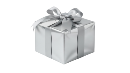 Silver gift box with ribbon and tag on white background for celebrations and special occasions. Isolated on transparent background, png