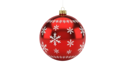 Bright red ornament with white snowflakes hanging from a string during the holiday season in a festive setting. Isolated on transparent background, png