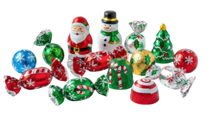 Colorful holiday candies with Santa, snowman, and Christmas tree on white background for festive celebration. Isolated on transparent background, png
