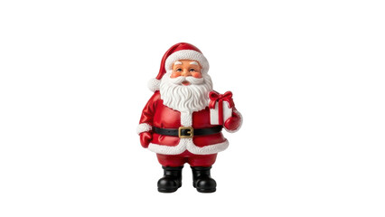 Obraz premium Santa Claus figure holding a gift in a festive setting during the holiday season. Isolated on transparent background, png