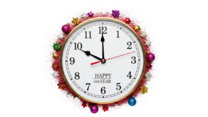 Clock showing almost midnight with decorations for New Year celebration nearing the start of a new year. Isolated on transparent background, png