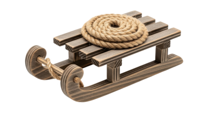 Wooden sled with rope for winter activities, designed for snow fun and play, perfect for creating memorable moments outdoors. Isolated on transparent background, png