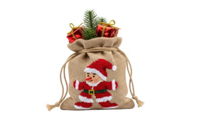 Christmas gift bag with decoration, red boxes, and green plant on white background. Isolated on transparent background, png