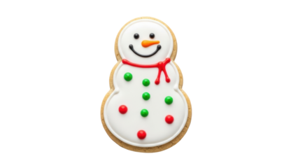 Snowman cookie decoration with icing and candy on a plain background during the holiday season in winter. Isolated on transparent background, png